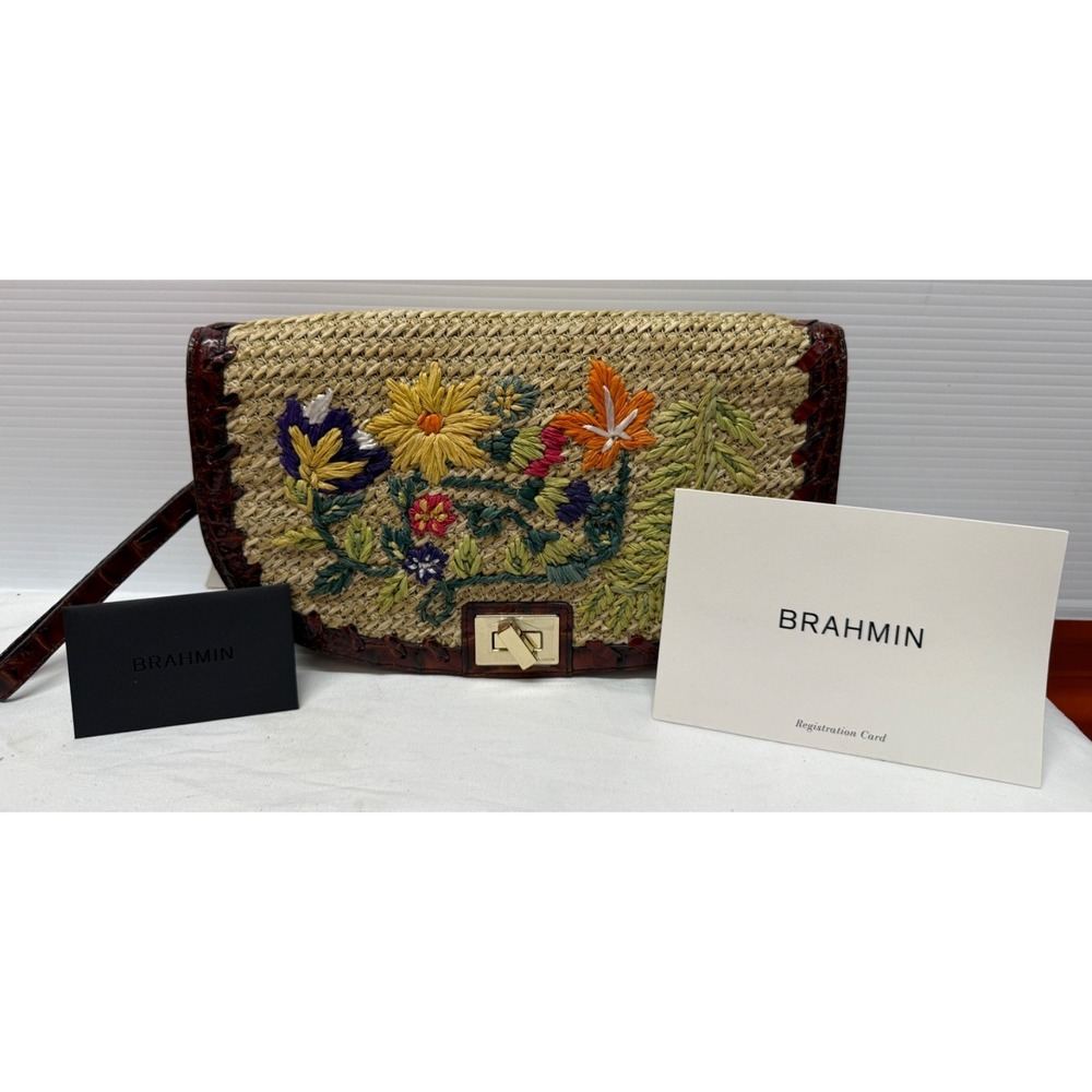 NWT BRAHMIN Le Jardin Collection Sandrine Straw Clutch - Natural w/Floral Accent